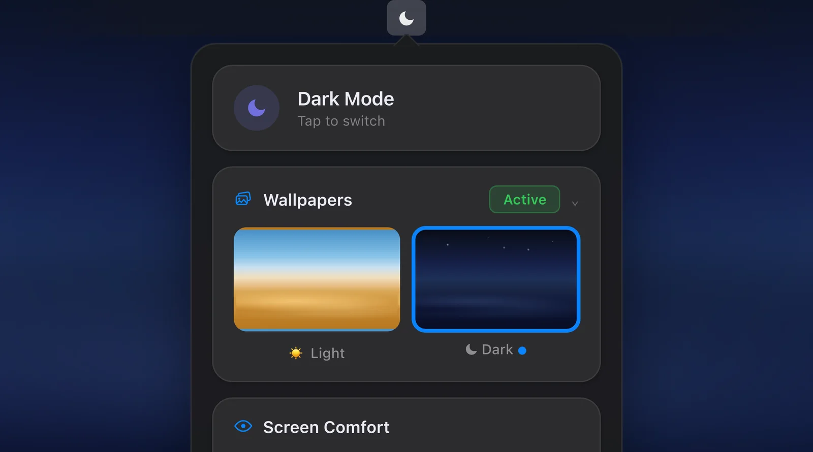 Solace panel showing the current mode and a Wallpapers card with a Light tile and a Dark tile.