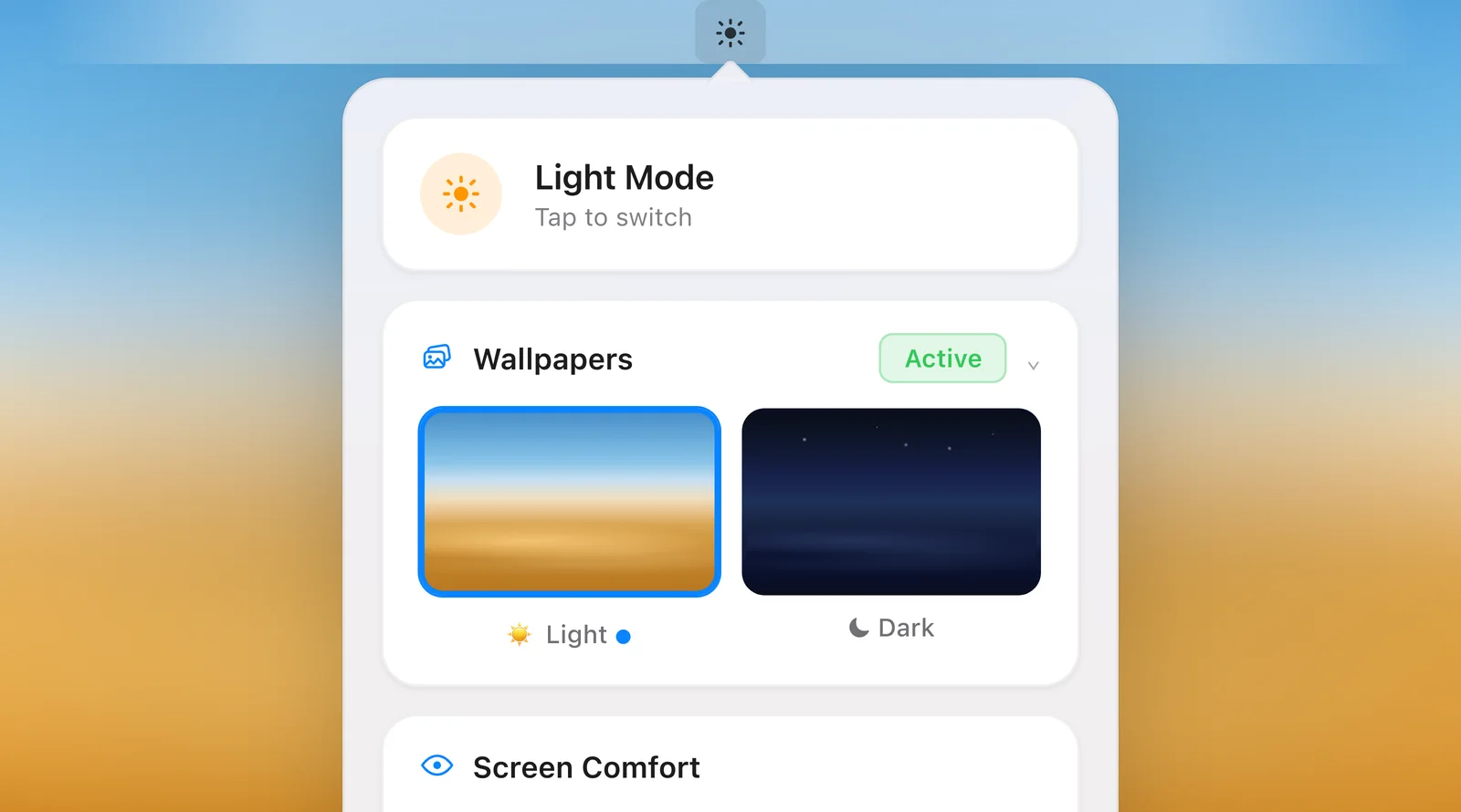 Solace panel showing the current mode and a Wallpapers card with a Light tile and a Dark tile.